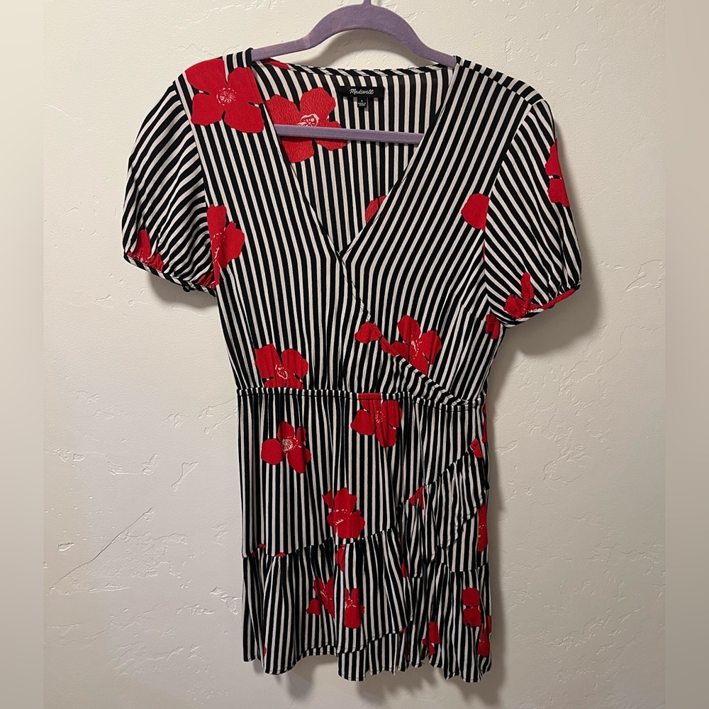 Madewell Bianca Striped Floral faux-wrap ruffle dress- size 6